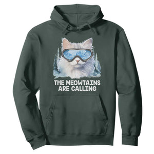 Funny Skiing Snowboarding Cat Hoodie The Meowtains Are Calling Ski Goggles TS11 Dark Forest Green Print Your Wear