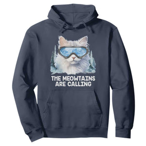 Funny Skiing Snowboarding Cat Hoodie The Meowtains Are Calling Ski Goggles TS11 Navy Print Your Wear