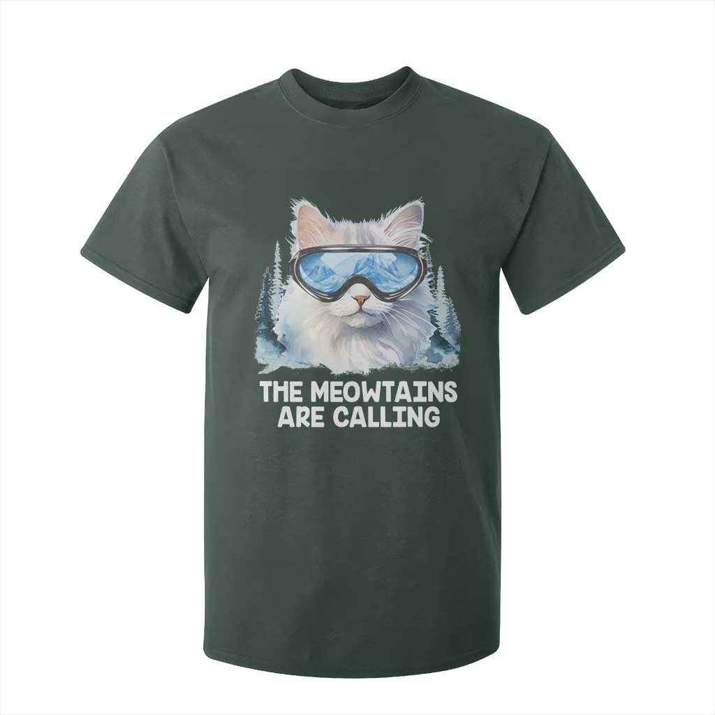 Funny Skiing Snowboarding Cat T Shirt For Kid The Meowtains Are Calling Ski Goggles TS11 Dark Forest Green Print Your Wear