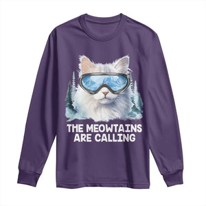 Funny Skiing Snowboarding Cat Long Sleeve Shirt The Meowtains Are Calling Ski Goggles TS11 Purple Print Your Wear