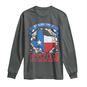 My Blood Types Is Texan Long Sleeve Shirt Proud American Texan TX Map Bluebonnet TS11 Dark Heather Print Your Wear