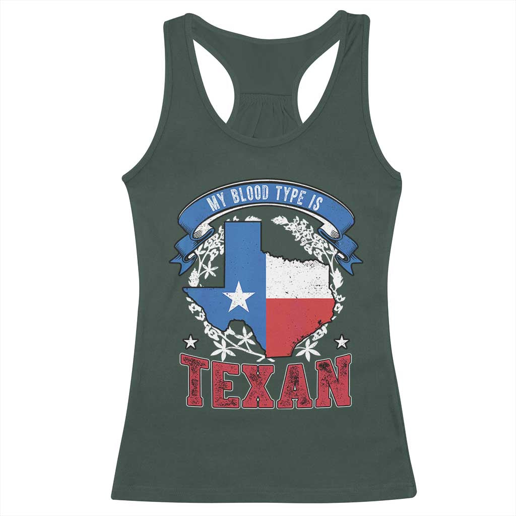 My Blood Types Is Texan Racerback Tank Top Proud American Texan TX Map Bluebonnet TS11 Dark Forest Green Print Your Wear