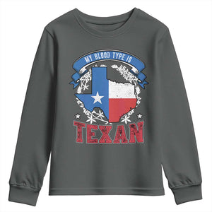 My Blood Types Is Texan Youth Sweatshirt Proud American Texan TX Map Bluebonnet TS11 Dark Heather Print Your Wear