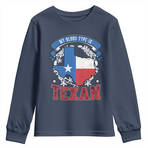 My Blood Types Is Texan Youth Sweatshirt Proud American Texan TX Map Bluebonnet TS11 Navy Print Your Wear