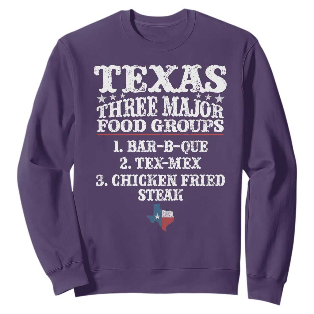 Proud American Texan Sweatshirt Texas Three Major Food Groups BBQ Tex Mex Chicken TS11 Purple Print Your Wear