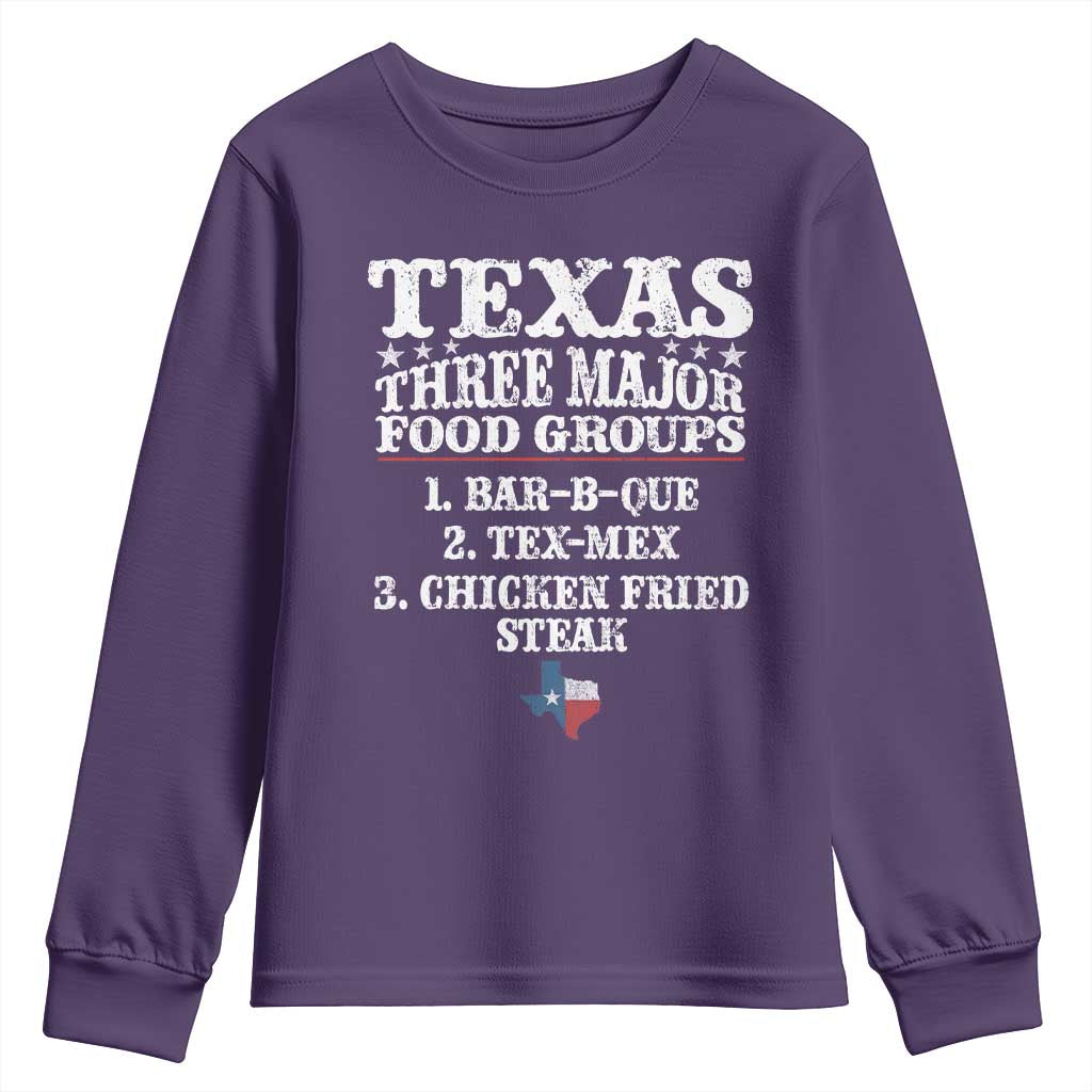 Proud American Texan Youth Sweatshirt Texas Three Major Food Groups BBQ Tex Mex Chicken TS11 Purple Print Your Wear