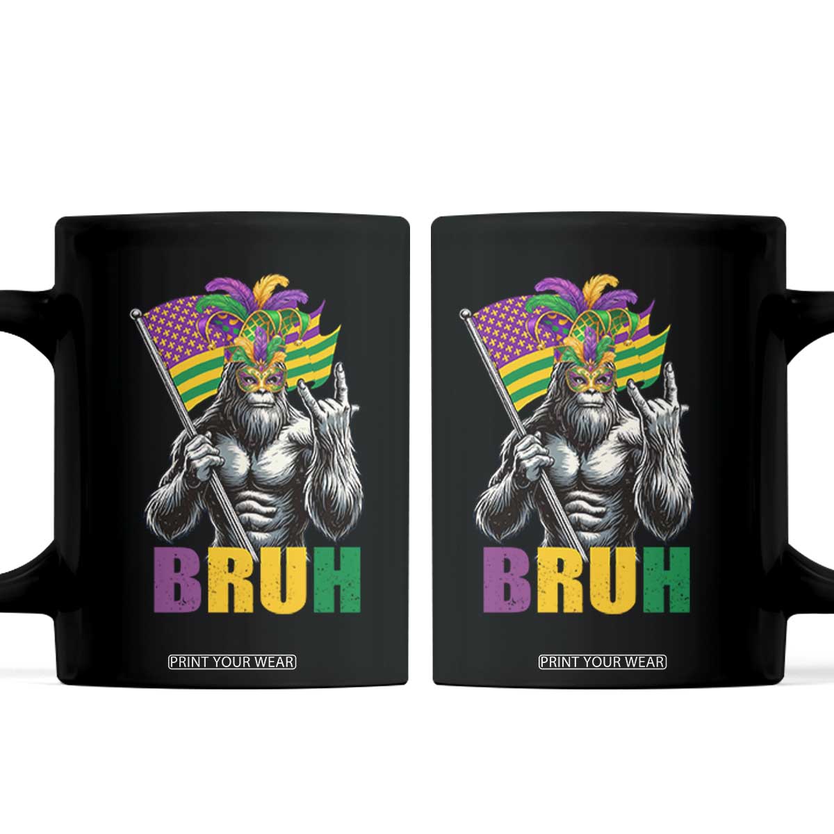 Funny Mardi Gras Bigfoot Bruh Coffee Mug Sasquatch Carnival NOLA American Flag TS11 Black Print Your Wear