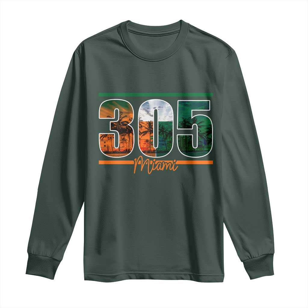 305 Miami Long Sleeve Shirt Area Code Florida FL Vintage Palm Trees TS11 Dark Forest Green Print Your Wear