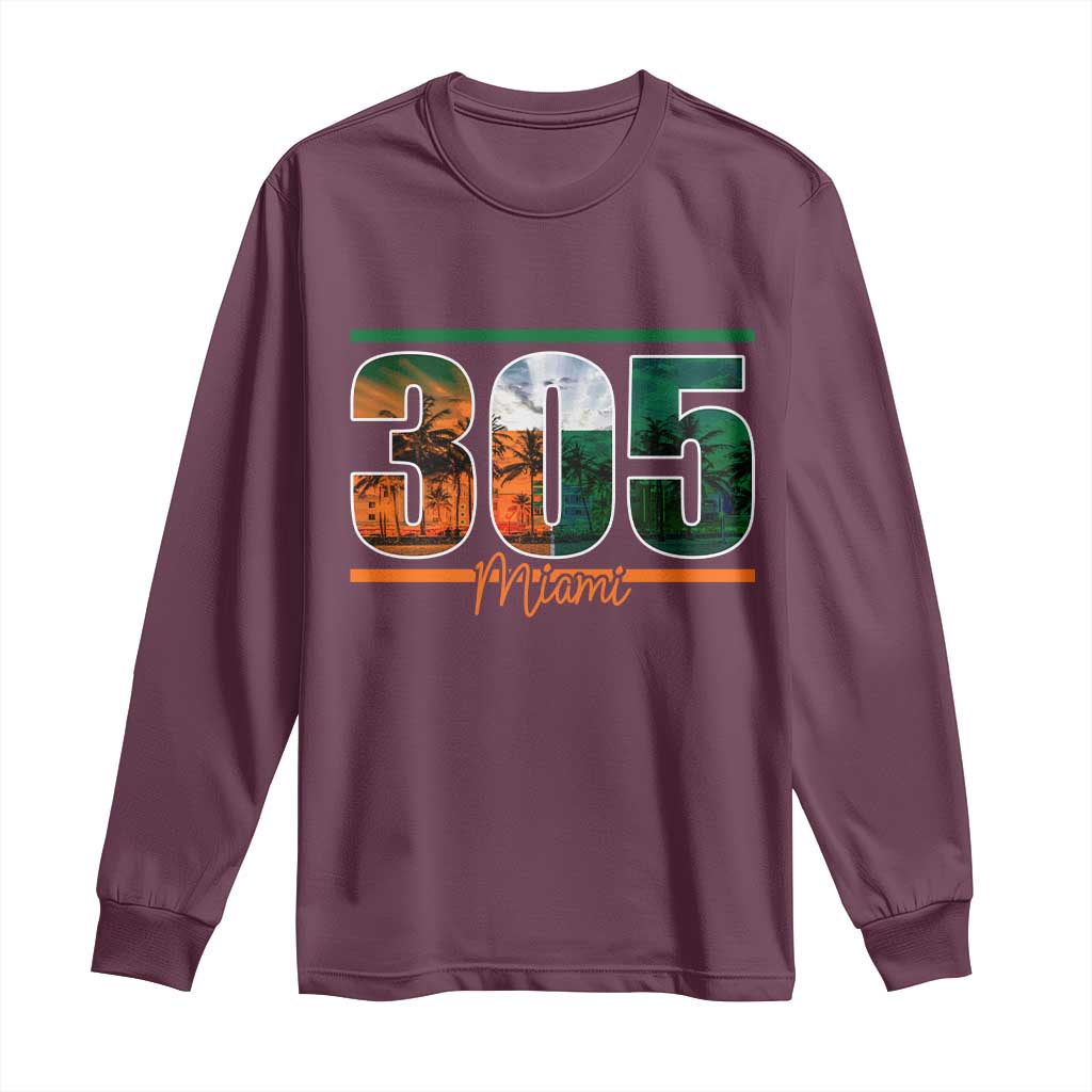 305 Miami Long Sleeve Shirt Area Code Florida FL Vintage Palm Trees TS11 Maroon Print Your Wear