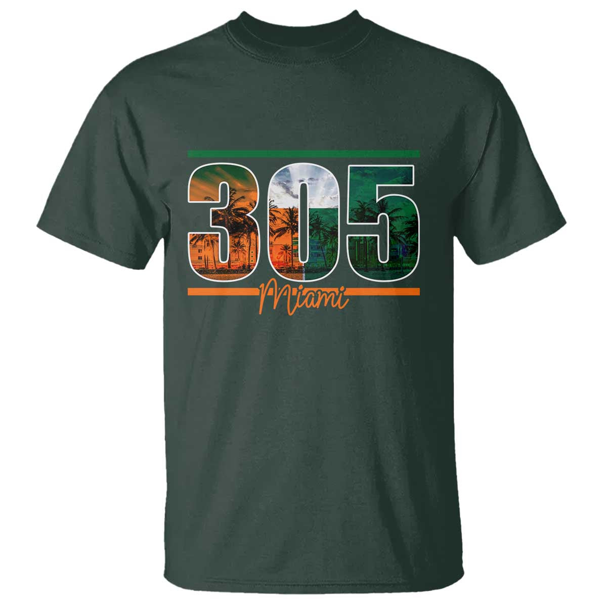 305 Miami T Shirt Area Code Florida FL Vintage Palm Trees TS11 Dark Forest Green Print Your Wear