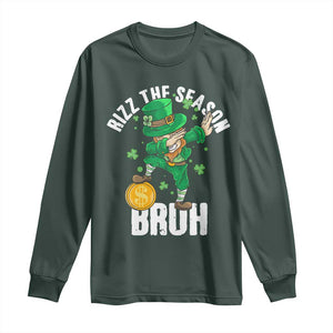 Funny St Patrick's Day Rizz The Season Bruh Long Sleeve Shirt Leprechaun Shamrock TS11 Dark Forest Green Print Your Wear