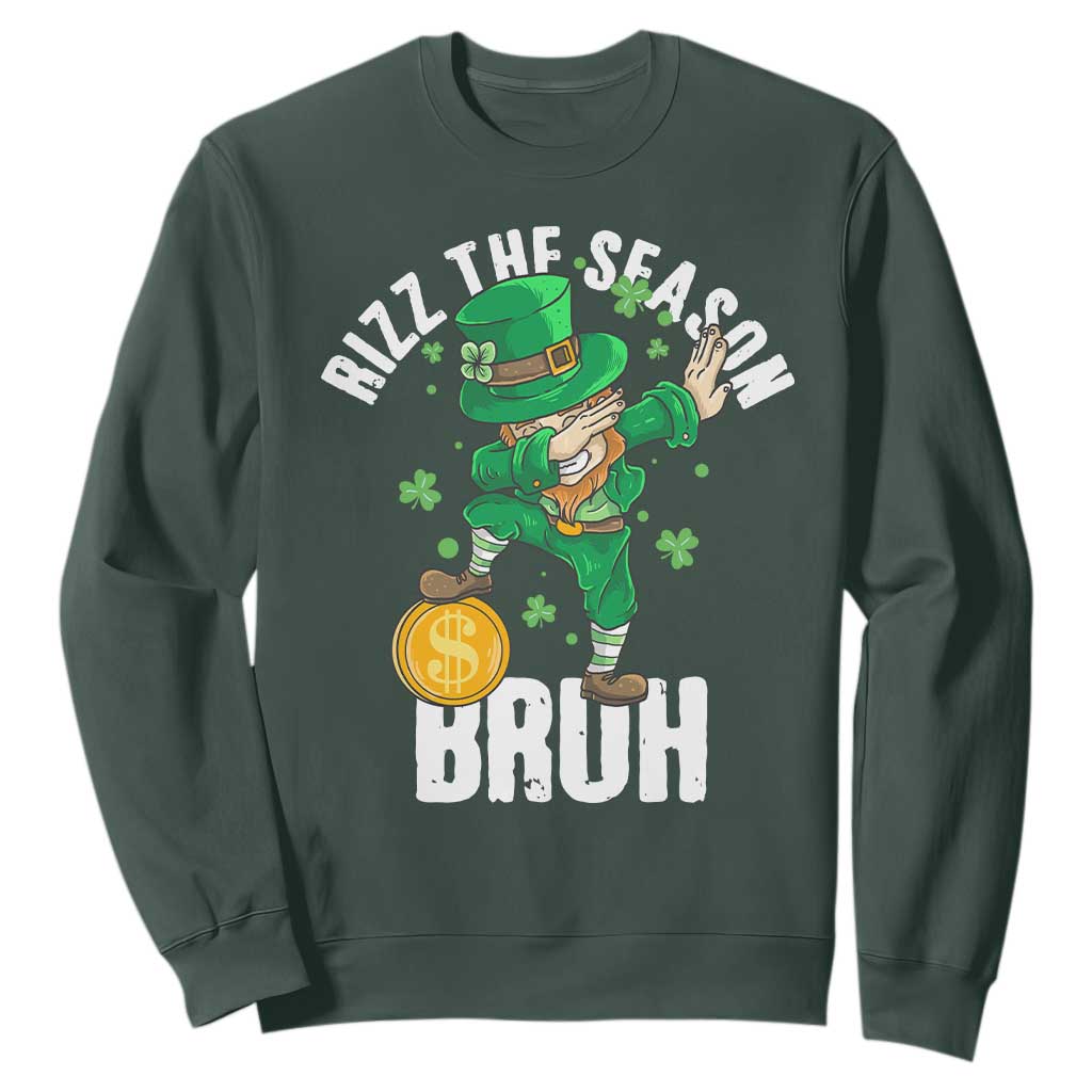 Funny St Patrick's Day Rizz The Season Bruh Sweatshirt Leprechaun Shamrock TS11 Dark Forest Green Print Your Wear