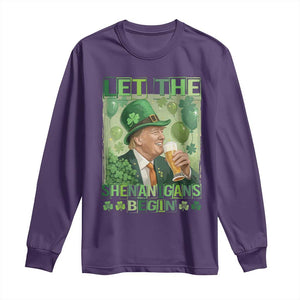 Funny St Patrick's Day Trump Long Sleeve Shirt Let The Shenanigans Begin Leprechaun Trump TS11 Purple Print Your Wear