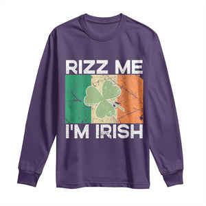 Funny St Patrick's Day Rizz Me I'm Irish Long Sleeve Shirt Shamrock Ireland Flag TS11 Purple Print Your Wear