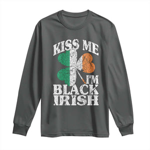 Funny Kiss Me I'm Black Irish Long Sleeve Shirt St Patrick's Day Vintage Shamrock TS11 Dark Heather Print Your Wear