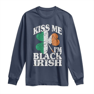 Funny Kiss Me I'm Black Irish Long Sleeve Shirt St Patrick's Day Vintage Shamrock TS11 Navy Print Your Wear