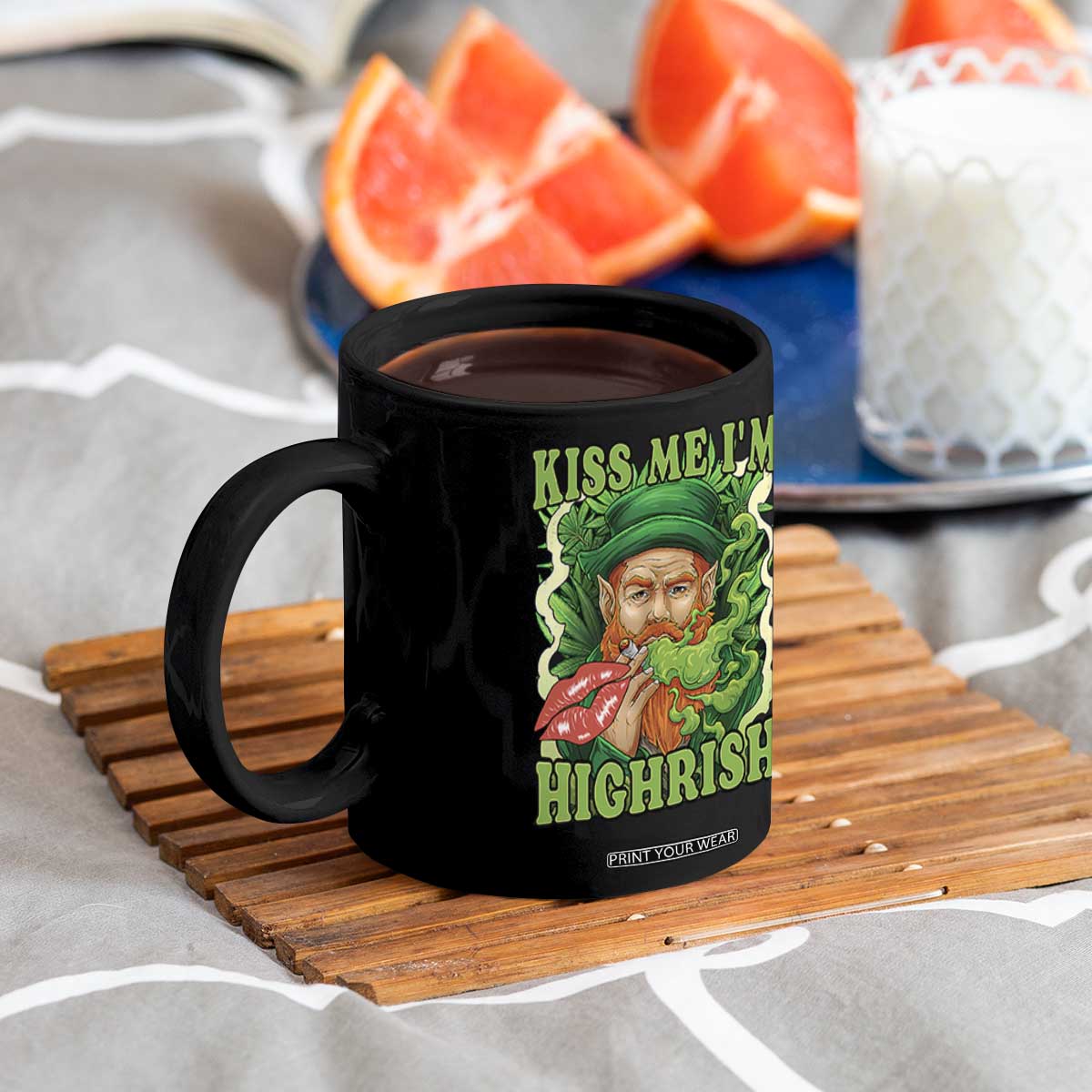 Funny St Patrick's Day Cannabis Weed Coffee Mug Kiss Me I'm Highrish Leprechaun TS11 Print Your Wear