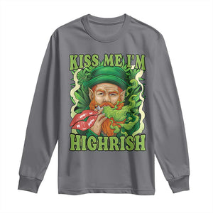 Funny St Patrick's Day Cannabis Weed Long Sleeve Shirt Kiss Me I'm Highrish Leprechaun TS11 Charcoal Print Your Wear