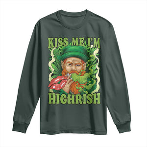 Funny St Patrick's Day Cannabis Weed Long Sleeve Shirt Kiss Me I'm Highrish Leprechaun TS11 Dark Forest Green Print Your Wear