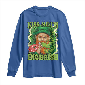 Funny St Patrick's Day Cannabis Weed Long Sleeve Shirt Kiss Me I'm Highrish Leprechaun TS11 Royal Blue Print Your Wear