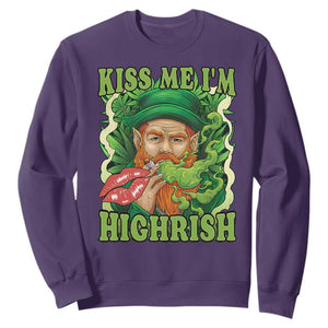 Funny St Patrick's Day Cannabis Weed Sweatshirt Kiss Me I'm Highrish Leprechaun TS11 Purple Print Your Wear