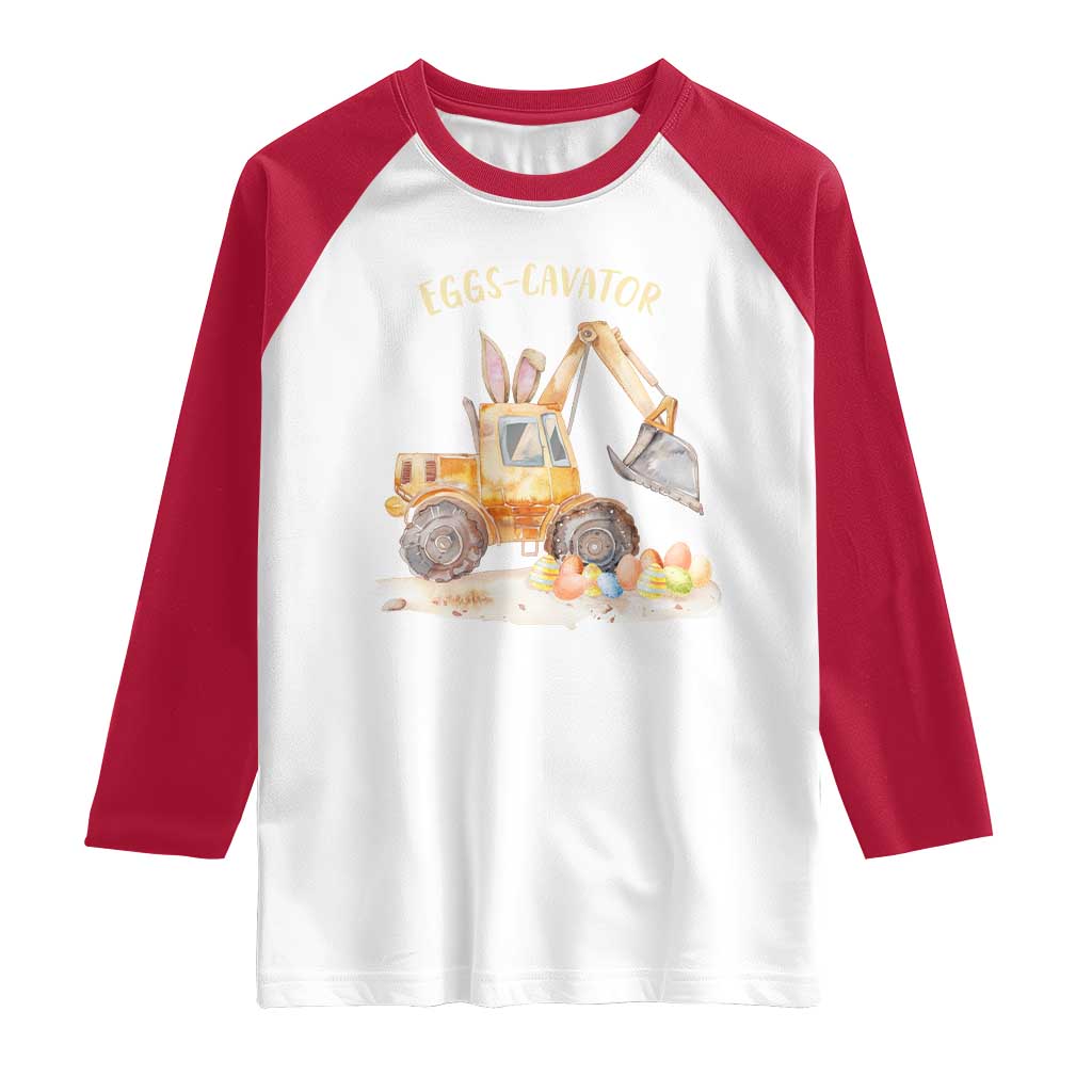 Funny Easter Day Excavator Raglan Shirt Eggs-Cavator Bunny Construction Trucks TS11 White Red Print Your Wear
