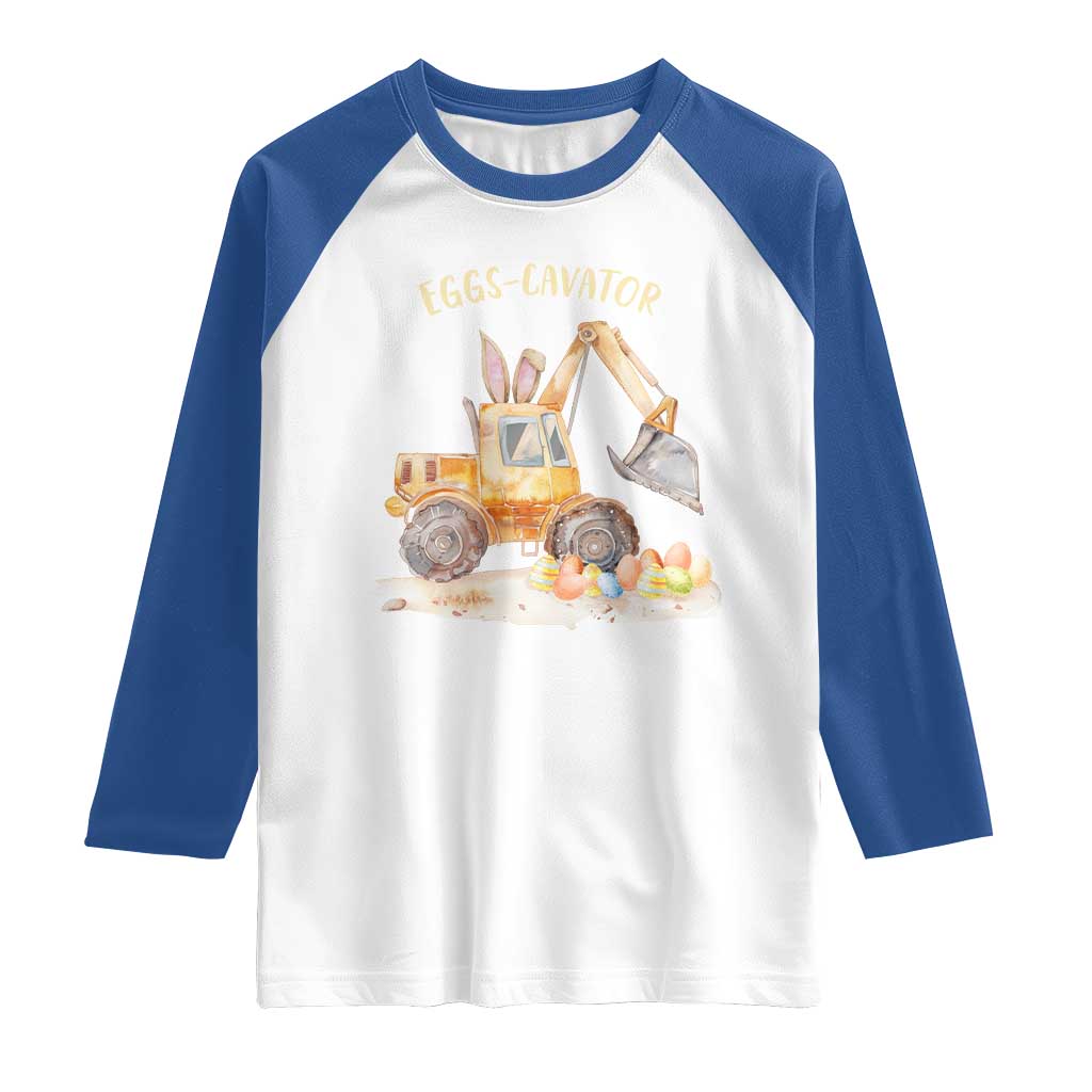 Funny Easter Day Excavator Raglan Shirt Eggs-Cavator Bunny Construction Trucks TS11 White Royal Print Your Wear