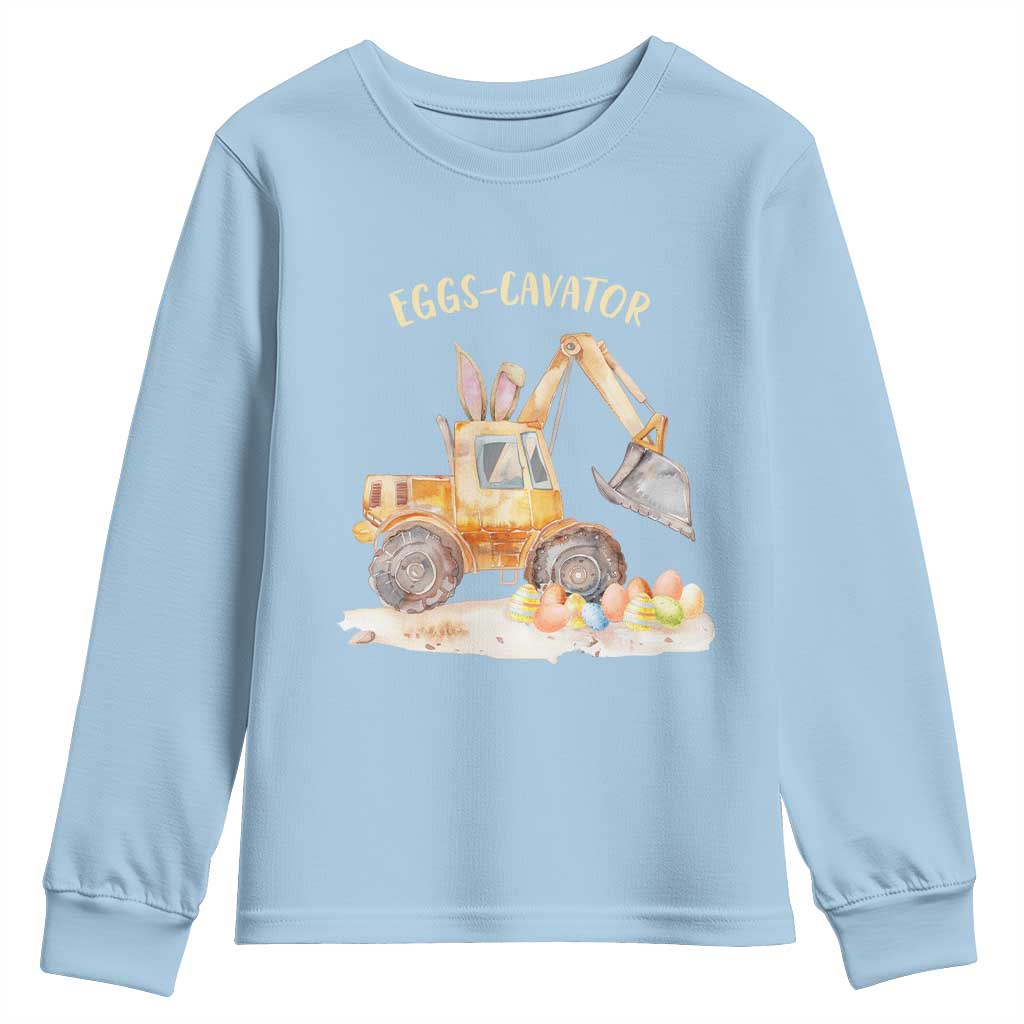 Funny Easter Day Excavator Youth Sweatshirt Eggs-Cavator Bunny Construction Trucks TS11 Light Blue Print Your Wear