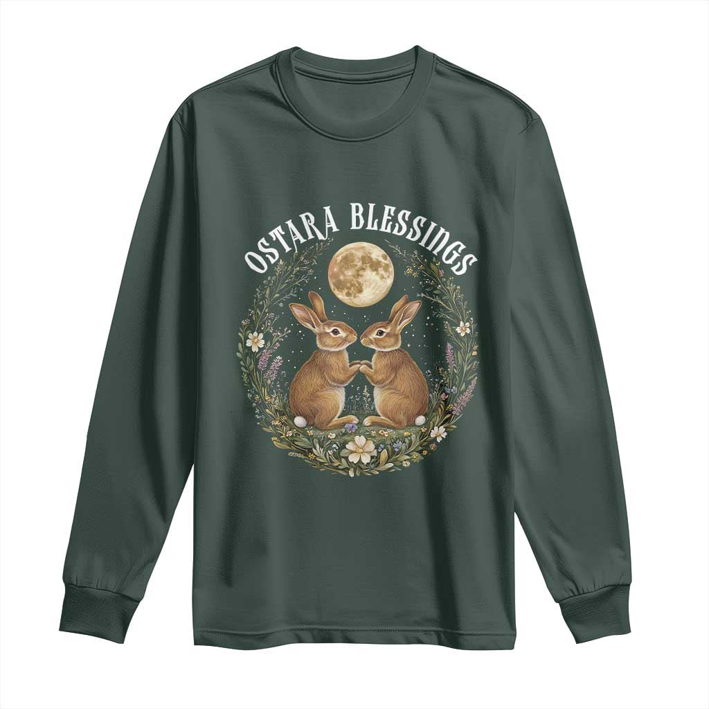 Ostara Blessing Pagan Eostre Easter Day Long Sleeve Shirt Spring Moon Rabbit Spring Equinox Festival TS11 Dark Forest Green Print Your Wear