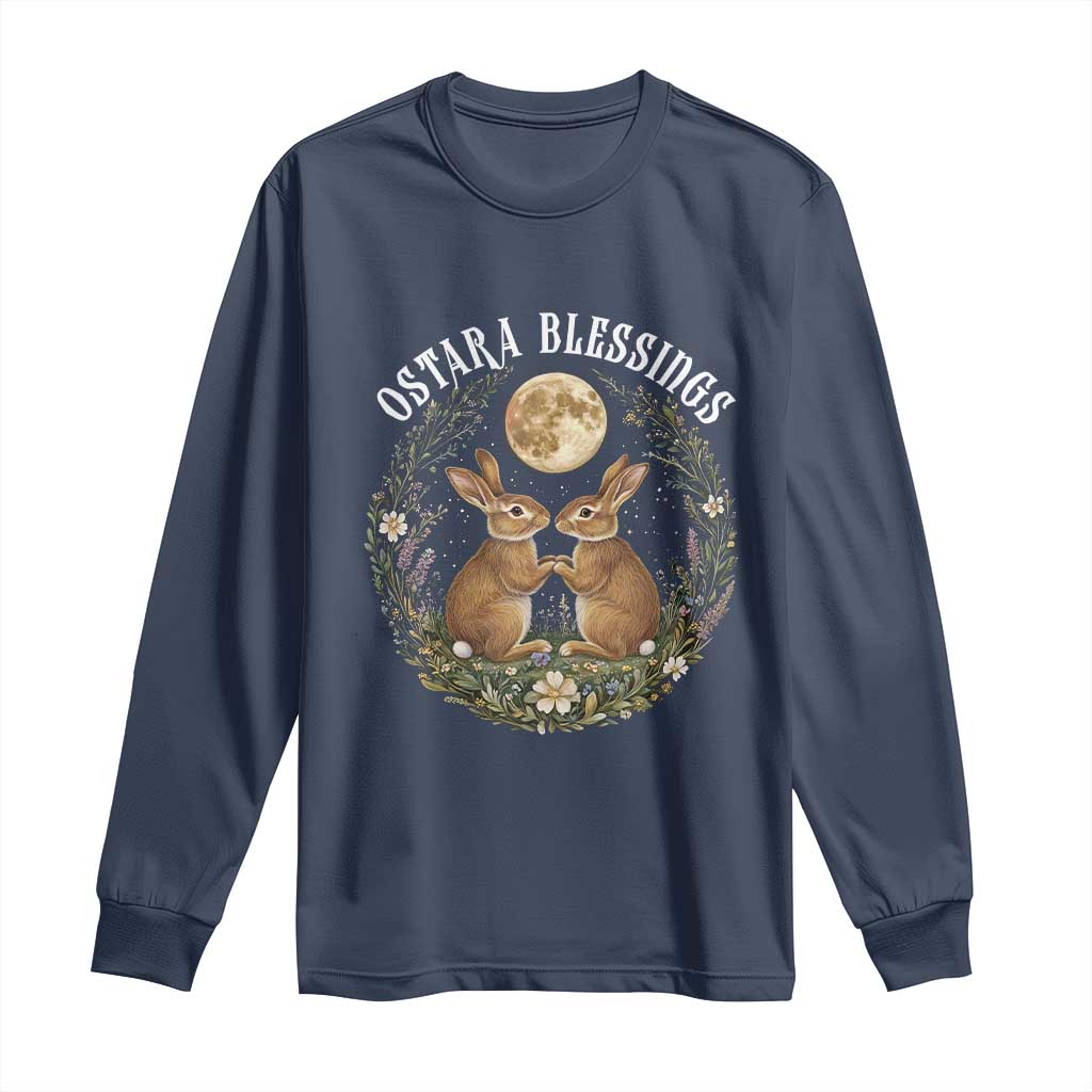 Ostara Blessing Pagan Eostre Easter Day Long Sleeve Shirt Spring Moon Rabbit Spring Equinox Festival TS11 Navy Print Your Wear