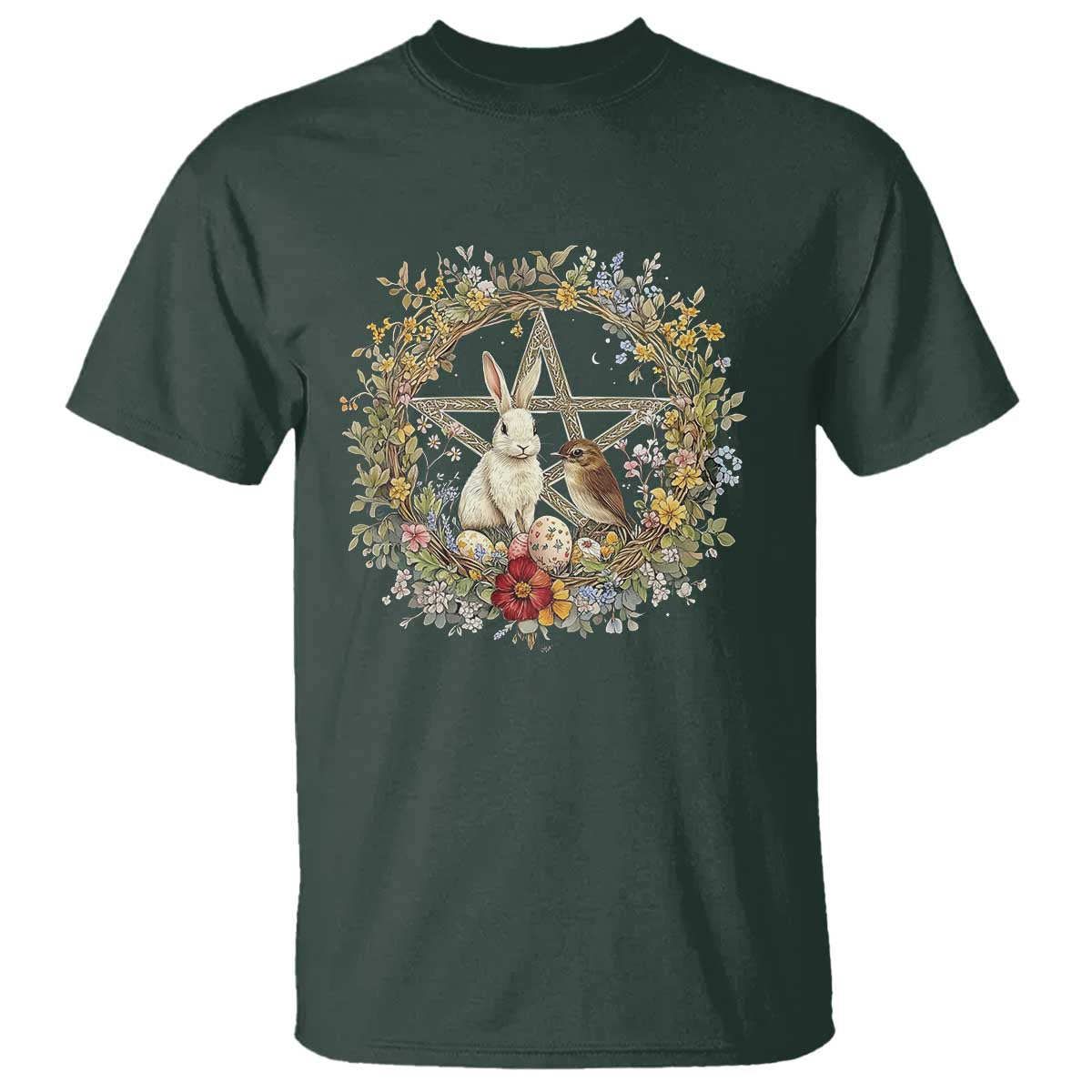 Ostara Blessing Pagan Eostre Easter Day T Shirt Rabbit Bird Wiccan Pentagram TS11 Dark Forest Green Print Your Wear