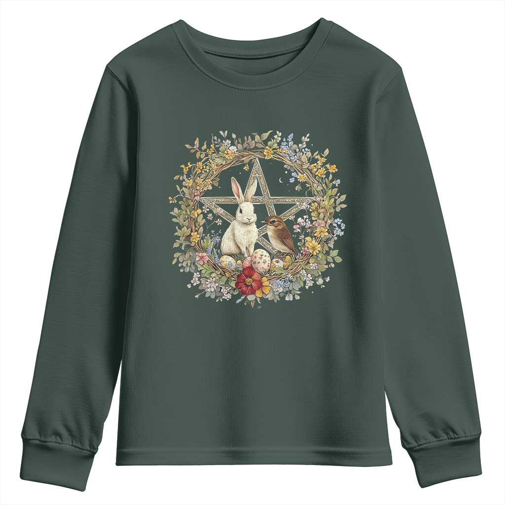 Ostara Blessing Pagan Eostre Easter Day Youth Sweatshirt Rabbit Bird Wiccan Pentagram TS11 Dark Forest Green Print Your Wear