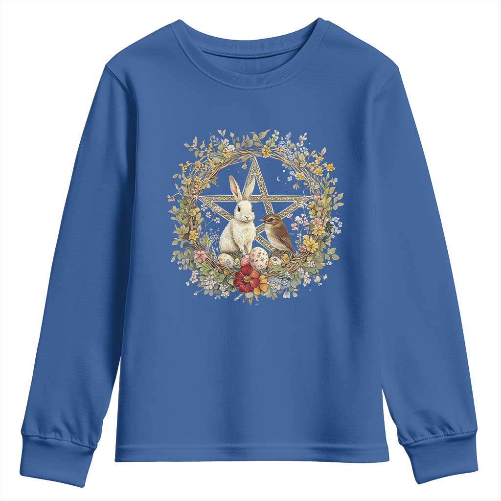 Ostara Blessing Pagan Eostre Easter Day Youth Sweatshirt Rabbit Bird Wiccan Pentagram TS11 Royal Blue Print Your Wear