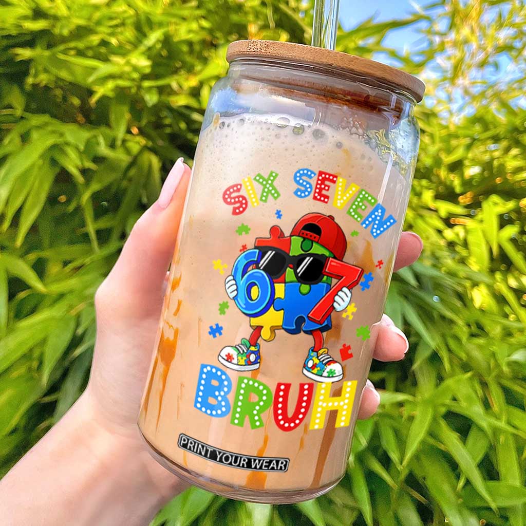 67 Autism Awareness Glass Can Funny Six Seven Bruh Autistic Puzzle Kids Boys TS11 Black Print Your Wear