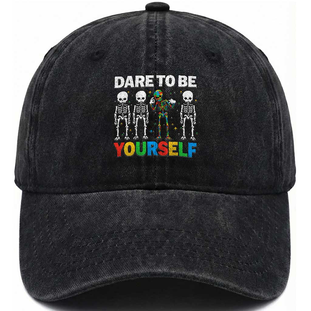 Autism Awareness 67 Washed Cotton Baseball Cap Dare To Be Yourself Six Seven Autism Skeleton TS11 Print Your Wear