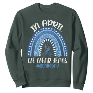 Denim Day Awareness Sweatshirt In April We Wear Jeans Rainbow TS11 Dark Forest Green Print Your Wear