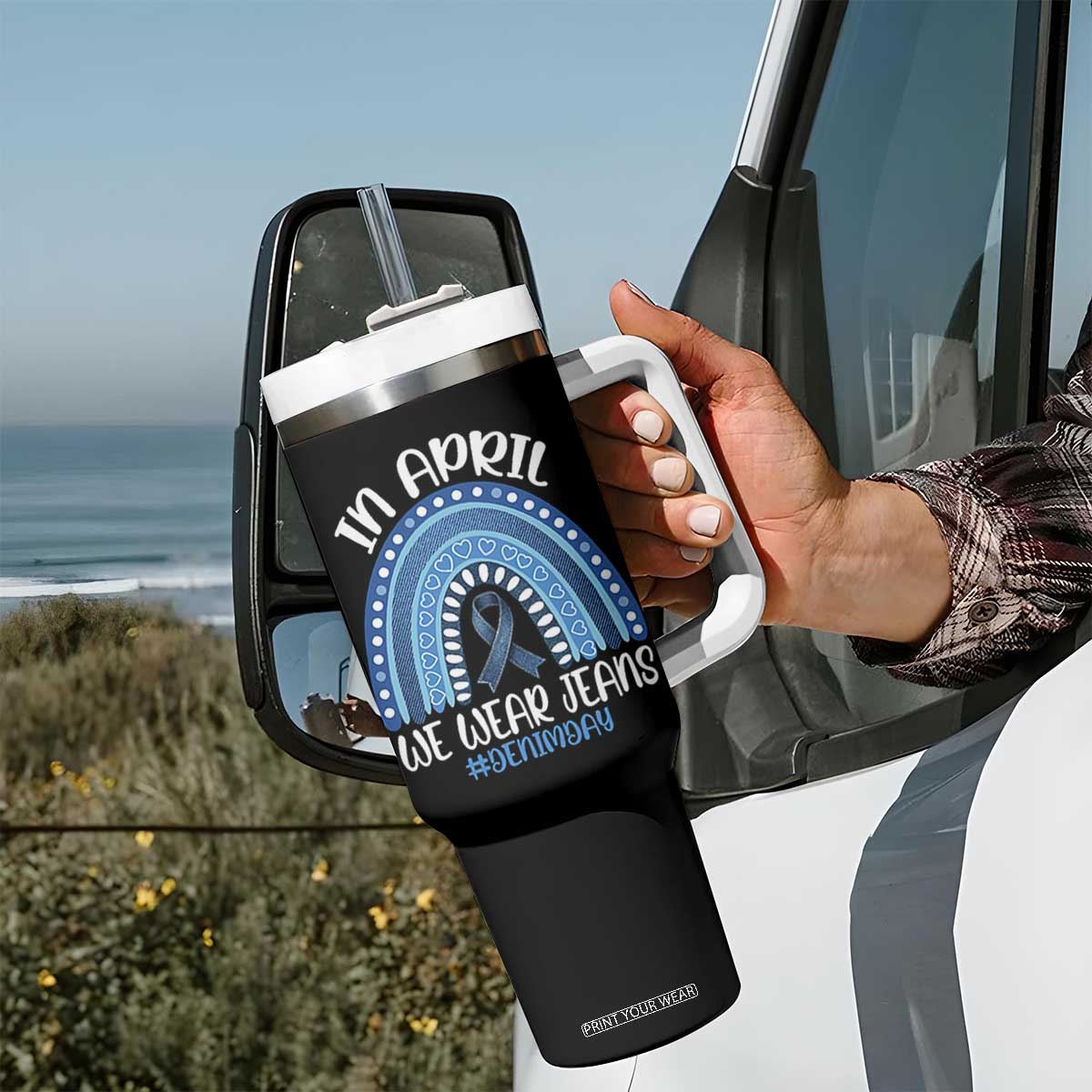 Denim Day Awareness Tumbler With Handle In April We Wear Jeans Rainbow TS11 Print Your Wear