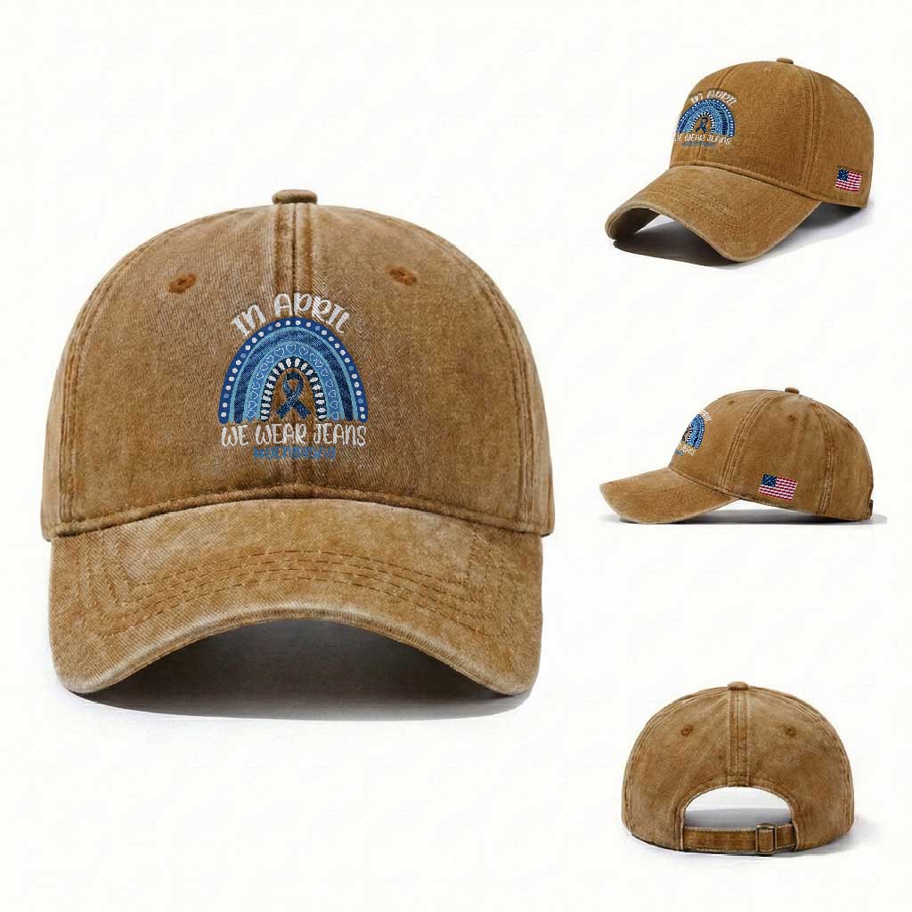 Denim Day Awareness Washed Cotton Baseball Cap In April We Wear Jeans Rainbow TS11 Washed Cap Universal Fit Yellow Ochre Print Your Wear
