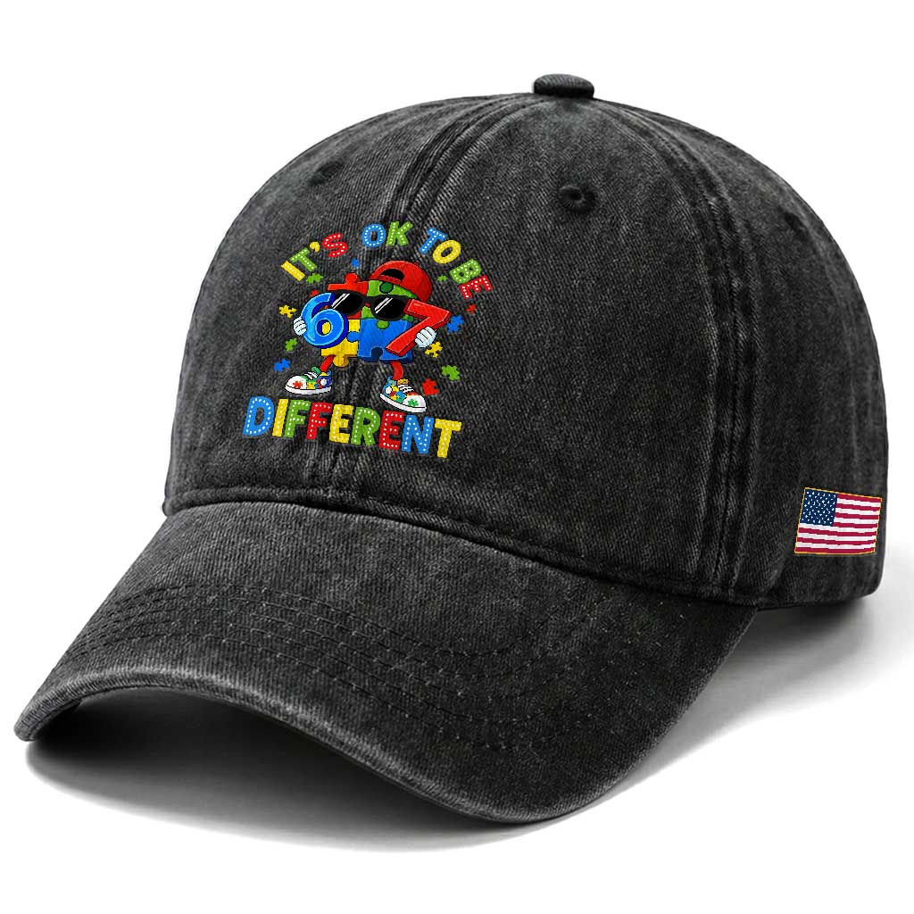 Six Seven Autism Awareness Washed Cotton Baseball Cap It Is Ok To Be Different 67 Meme Puzzle TS11 Print Your Wear