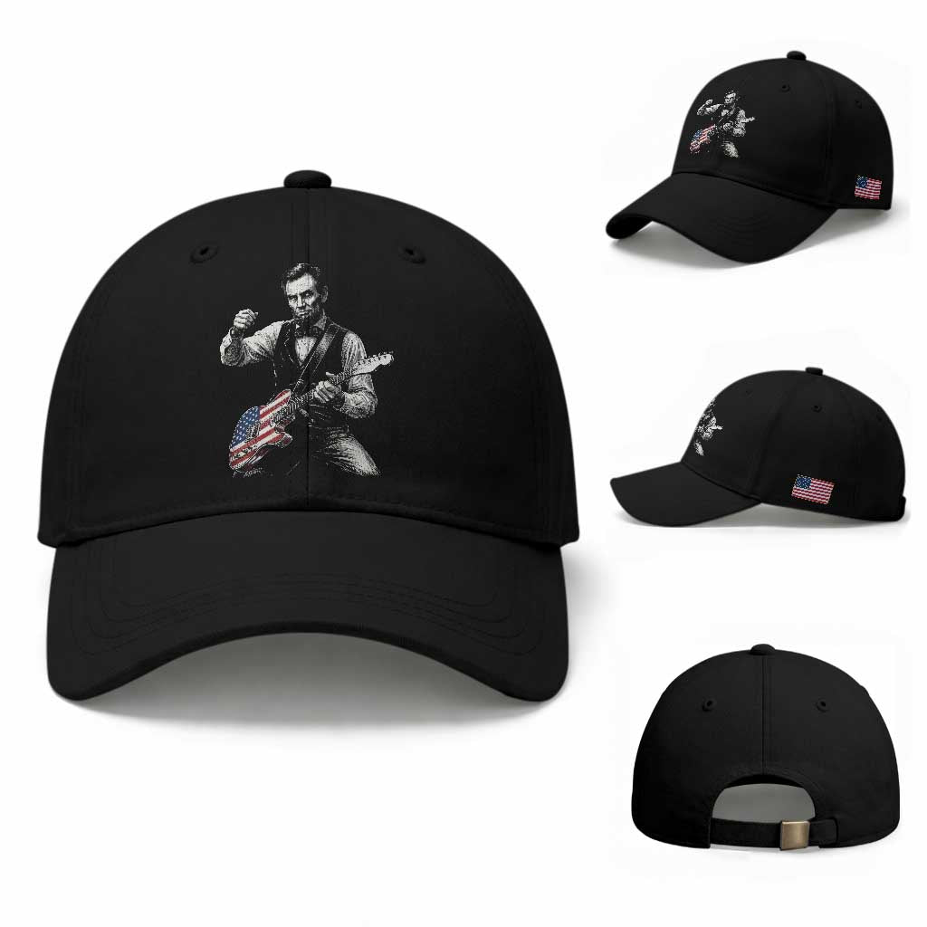 Abraham Lincoln Playing Guitar Vintage American Flag Baseball Cap TS11 Baseball Cap Universal Fit Black Print Your Wear
