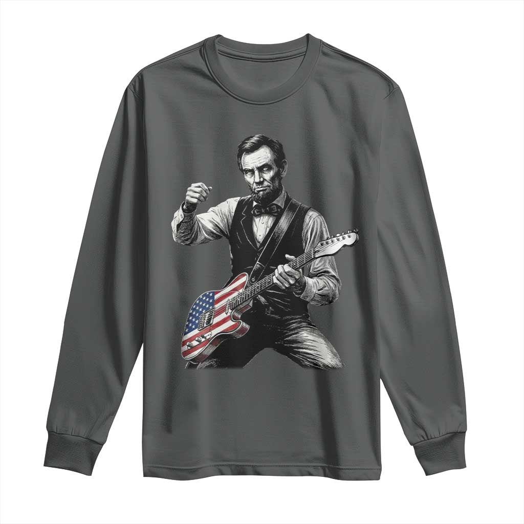 Abraham Lincoln Playing Guitar Vintage American Flag Long Sleeve Shirt TS11 Dark Heather Print Your Wear