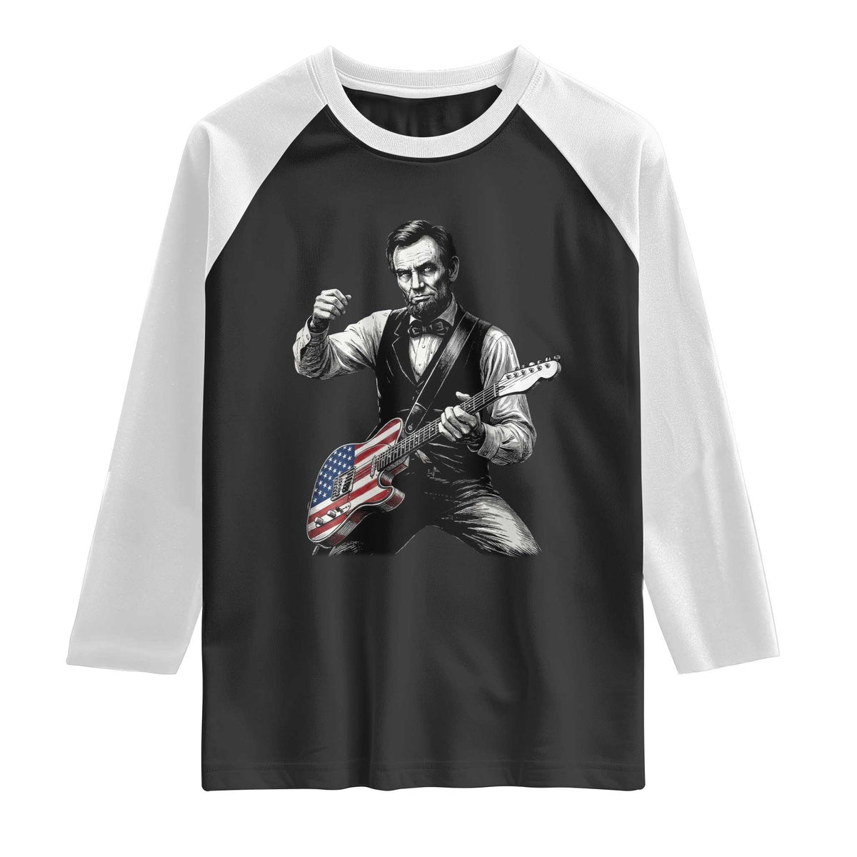 Abraham Lincoln Playing Guitar Vintage American Flag Raglan Shirt TS11 Black White Print Your Wear