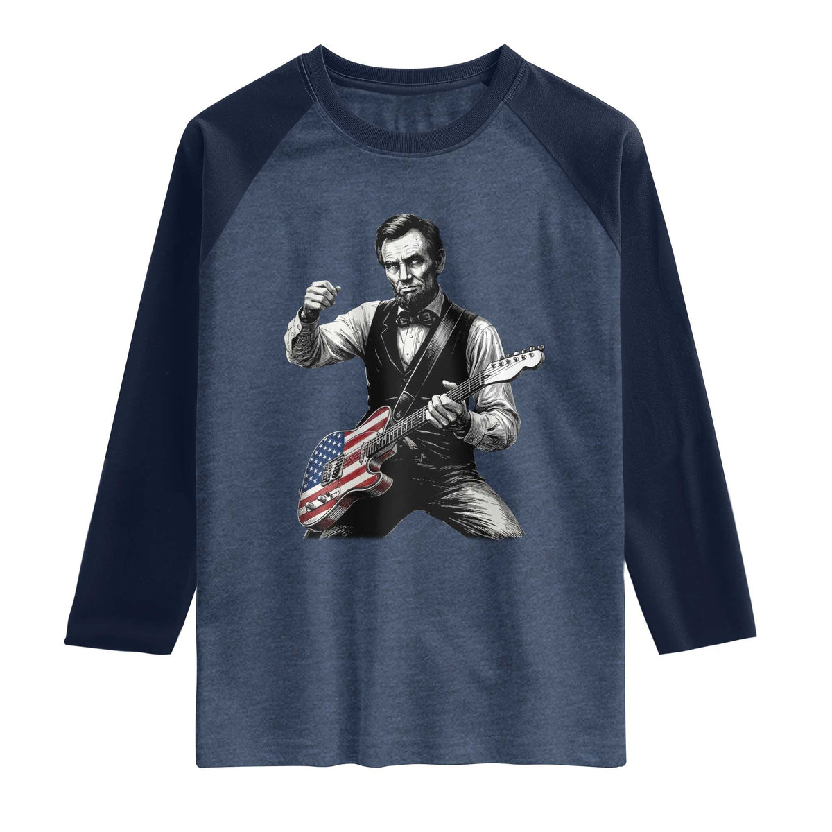 Abraham Lincoln Playing Guitar Vintage American Flag Raglan Shirt TS11 Heather Denim Navy Print Your Wear