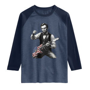 Abraham Lincoln Playing Guitar Vintage American Flag Raglan Shirt TS11 Heather Denim Navy Print Your Wear