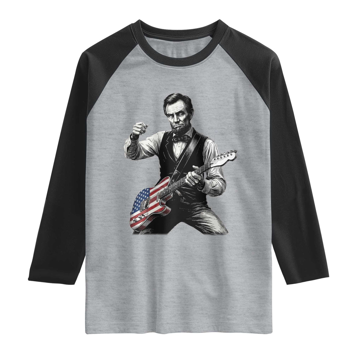 Abraham Lincoln Playing Guitar Vintage American Flag Raglan Shirt TS11 Heather Gray Black Print Your Wear
