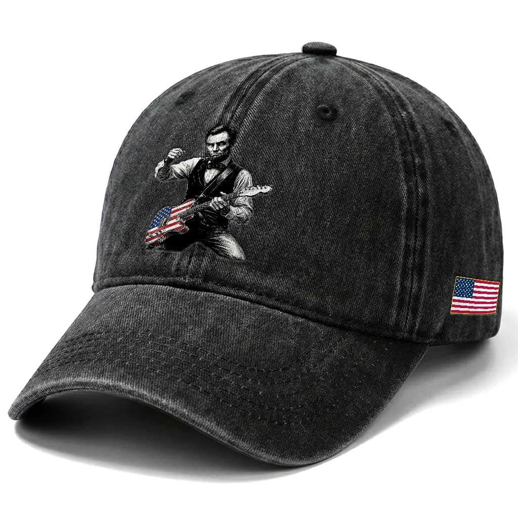 Abraham Lincoln Playing Guitar Vintage American Flag Washed Cotton Baseball Cap TS11 Print Your Wear