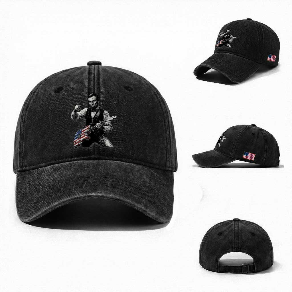 Abraham Lincoln Playing Guitar Vintage American Flag Washed Cotton Baseball Cap TS11 Washed Cap Universal Fit Black Print Your Wear