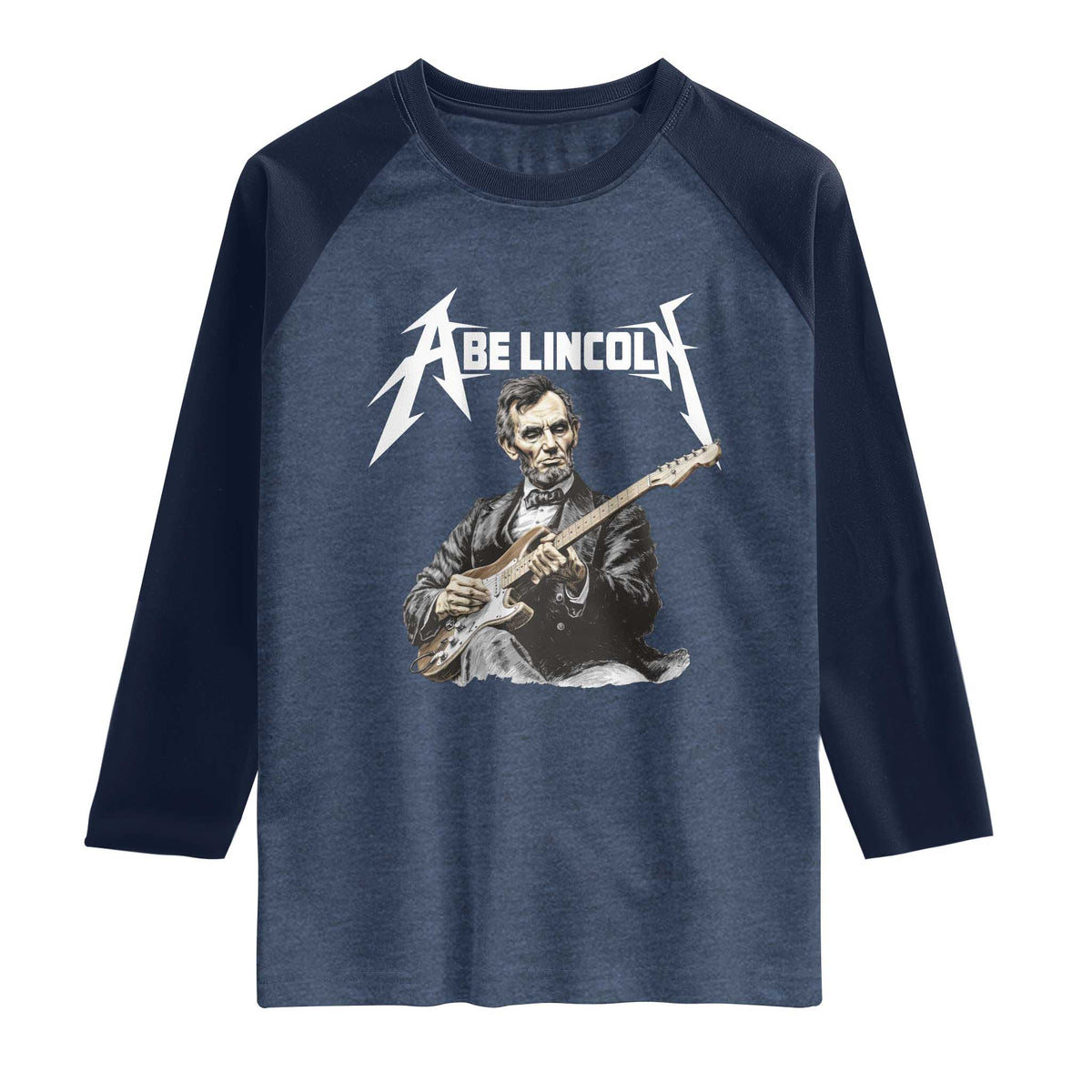 Abe Lincoln Playing Electric Guitar Rocker Raglan Shirt TS11 Heather Denim Navy Print Your Wear