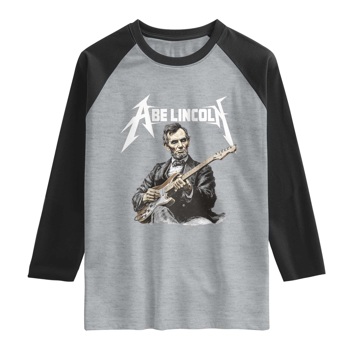 Abe Lincoln Playing Electric Guitar Rocker Raglan Shirt TS11 Heather Gray Black Print Your Wear