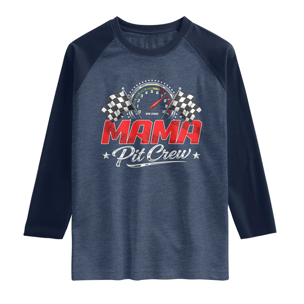Mama Pit Crew Raglan Shirt Racing Family Matching Mothers Day TS11 Heather Denim Navy Print Your Wear
